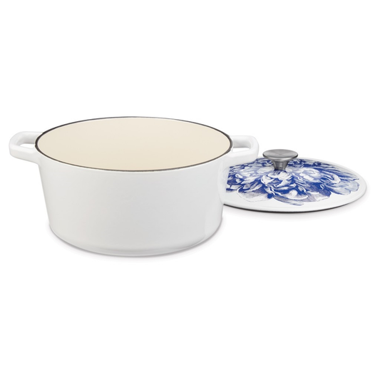 CUISINART 5 QUART ROUND COVERED CASSEROLE - WHITE - BLOOMING PEONY