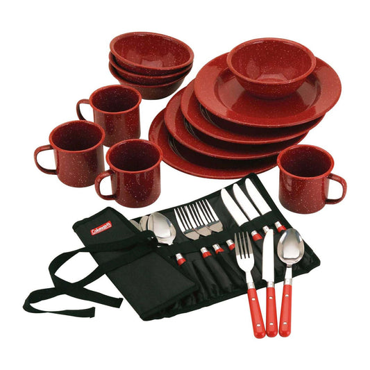 24PC ENAMELWARE DISH SET AND FLATWARE