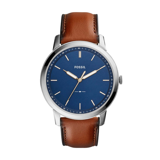 MENS MINIMALIST LIGHT BRWN LEATHER STRAP WATCH NVY BLU DIAL