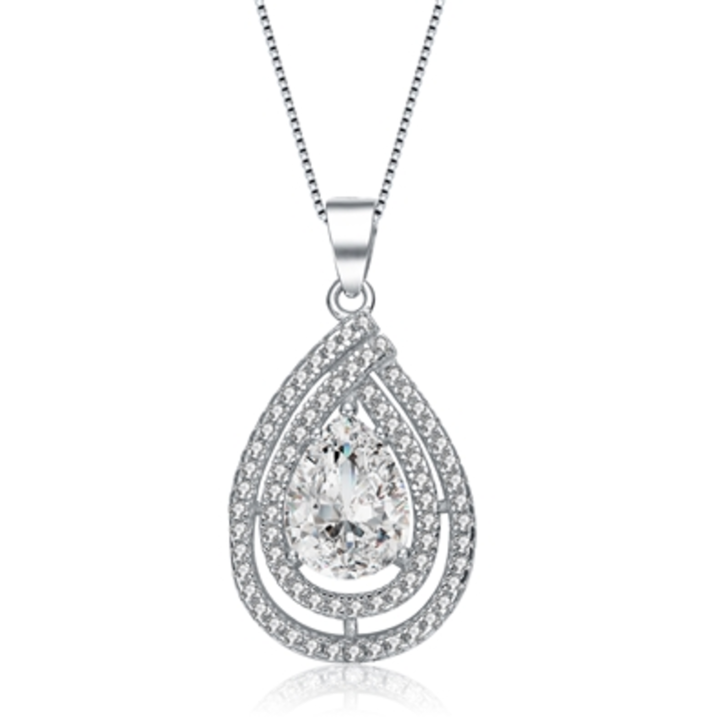CZ RHODIUM PLATED PEAR SHAPE PENDANT, CLEAR, 16