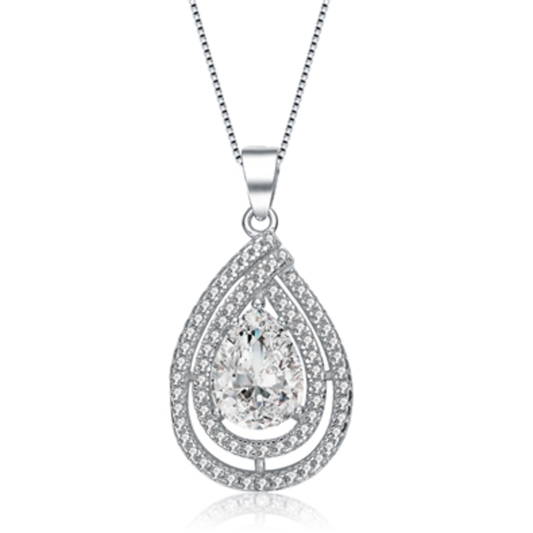 CZ RHODIUM PLATED PEAR SHAPE PENDANT, CLEAR, 16