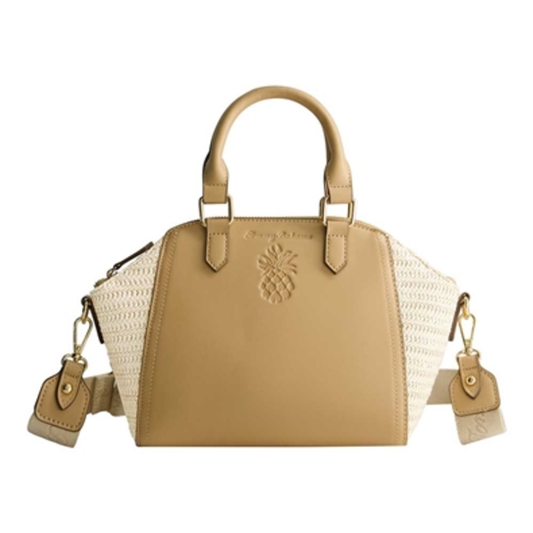 SATCHEL WITH STRAW ACCENTS, TAN, LARGE