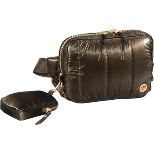 METALLIC QUILTED PASSPORT SLING, CHOCOLATE, 9"