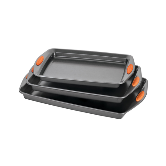 3 - PIECE OVEN LOVIN NONSTICK COOKIE PAN SET - (GRAY WITH ORANGE GRIPS)