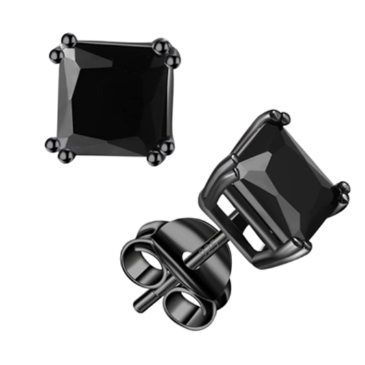 STERLING SILVER SQUARE STUDS, BLACK, 6MM