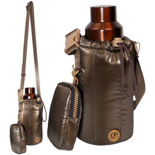 METALLIC QUILTED WATER BOTTLE HOLDER, CHOCOLATE, 8"