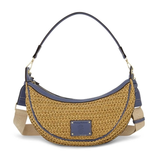 RAFFIA CRESCENT HOBO BAG, NAVY