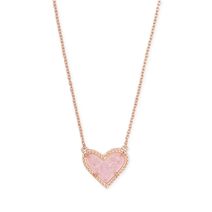 ARI HEART SHORT PENDANT NECKLACE, ROSE GOLD PINK DRUSY