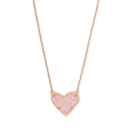 Ari Heart Short Pendant Necklace, Rose Gold Pink Drusy
