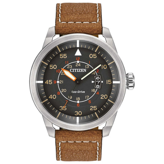 MENS AVION ECO-DRIVE LEATHER STRAP WATCH