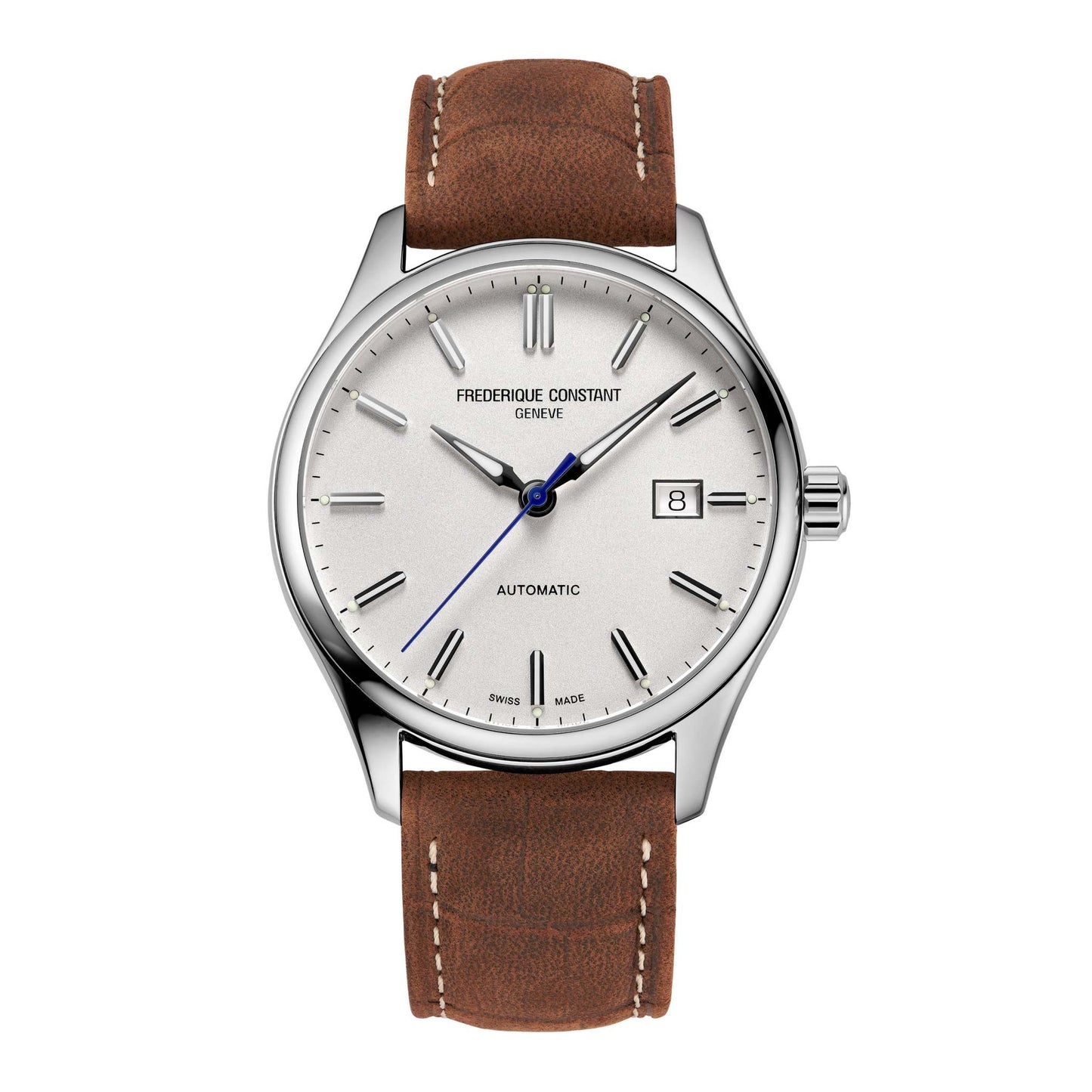 Men's Classic Index Automatic Brown Leather Strap Watch, White Dial
