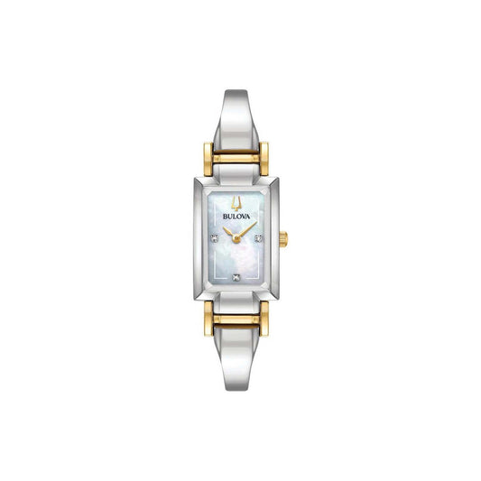 LADIES CLASSIC TWO-TONE SS TANK WATCH MOTHER-OF-PERAL DIAL