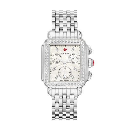 LADIES' DECO STAINLESS STEEL DIAMOND WATCH, MOTHER-OF-PEARL DIAL