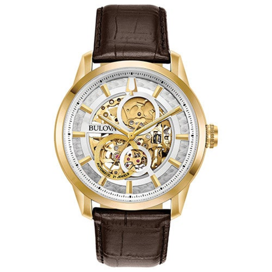 MENS SUTTON AUTOMATIC BROWN LEATHER STRAP WATCH SKELETON DIAL