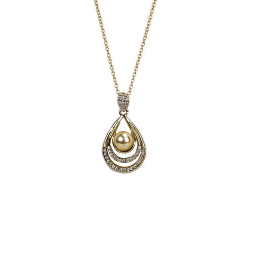 GOLD TONE PEARL AND CRYSTAL TEARDROP PENDANT
