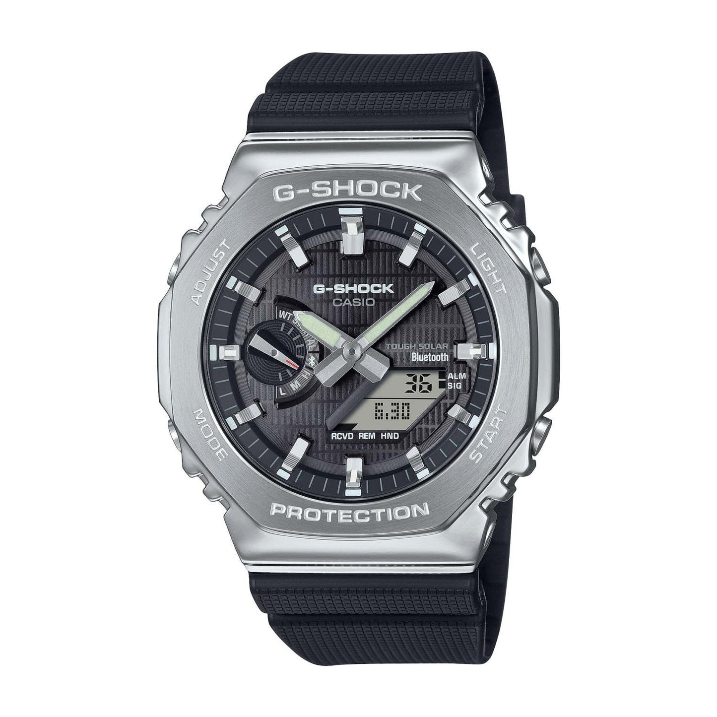 MENS G-STEEL 2100 MOBILE LINK SOLAR STEEL & BLACK RESIN WATCH BLACK DIAL
