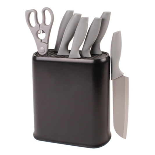 SS KNIFE SET WITH KNIFE BLOCK, GREY/BLACK, 8-PC