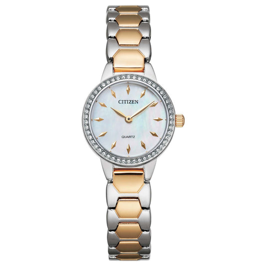 LADIES QUARTZ TWO-TONE CRYSTAL WATCH MOTHER-OF-PEARL DIAL