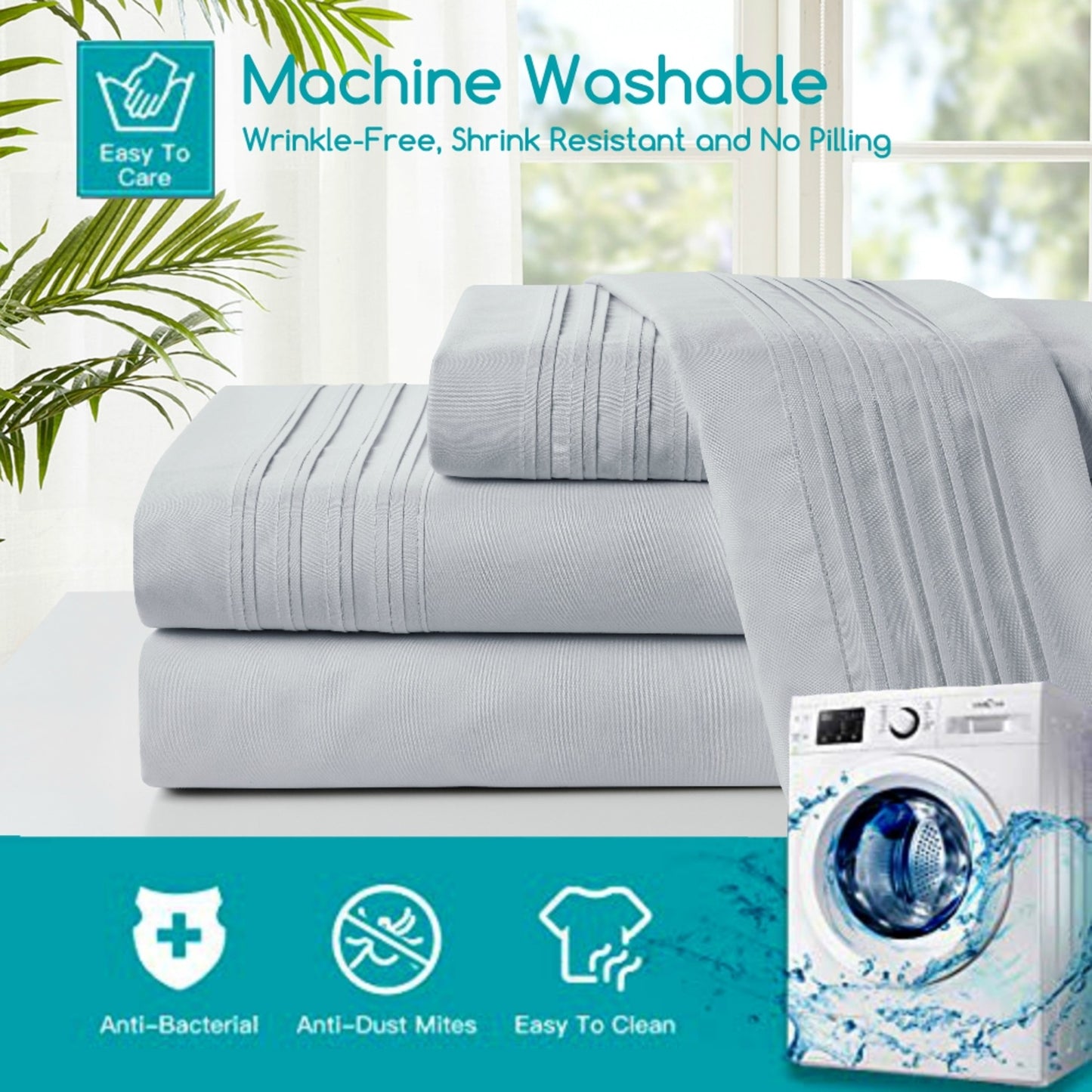 Queen Microfiber Pleated Lunar Rock Grey 4PC Sheet Set {Case Pack 6}
